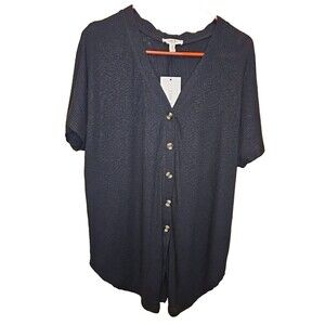 Como Blu Blouse NWT Womens Size 1X Black Short Sleeve Button Front Tie V-Neck XL